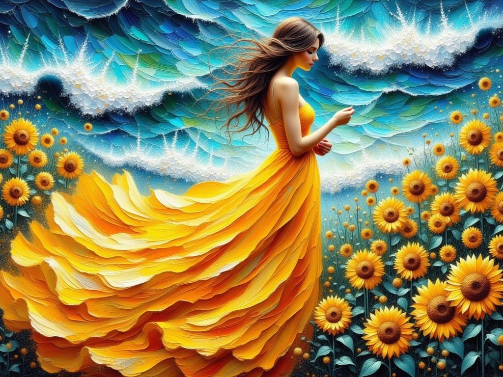 Vibrant Impasto Oil Painting of Sunflower Goddess