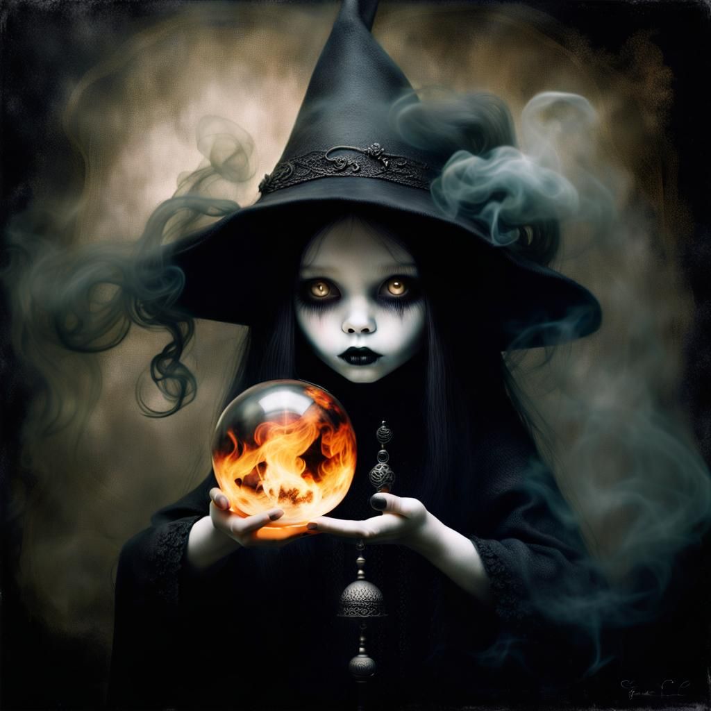 Sinister Witch with Fiery Orb in Dark Surrealist Style
