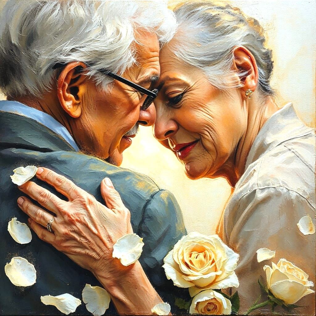 Elderly Couple Embracing in Ethereal Impressionistic Oil Pai...
