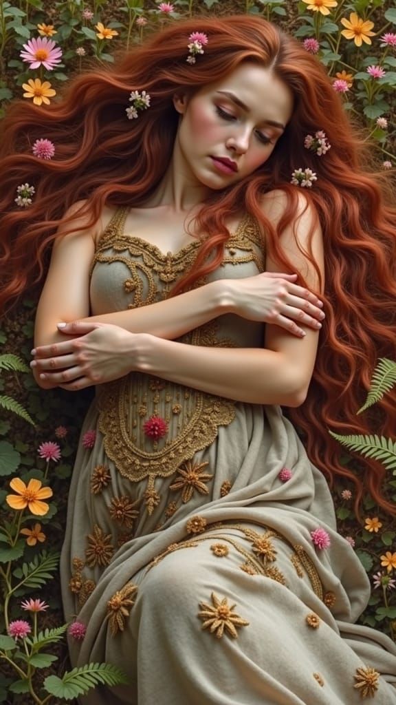 Woman in Forest Surrounded by Flowers