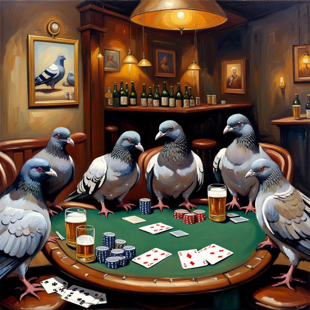 Pigeons Playing Poker in James Gurney Style