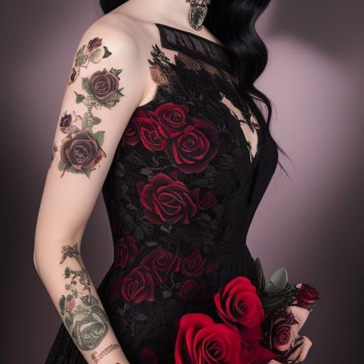 Gothic Woman with Rose Dress Digital Illustration
