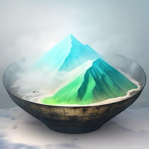 Explorers at Volcanic Crater with Ship: Digital Art