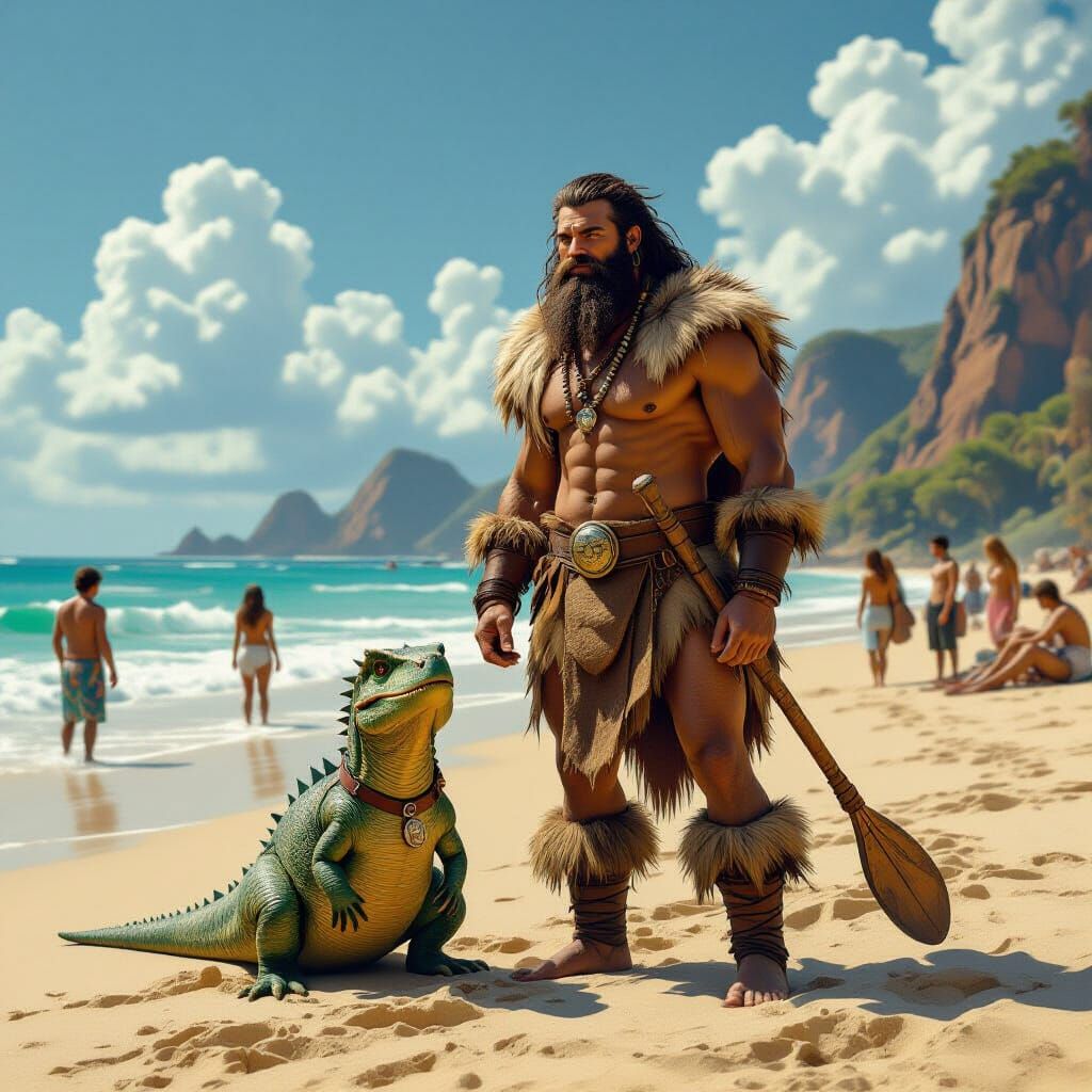 Caveman with Pet Dinosaur on Sandy Beach