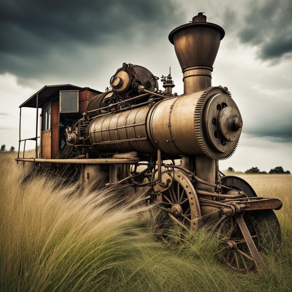 Steampunk Engine Hidden in Long Grass