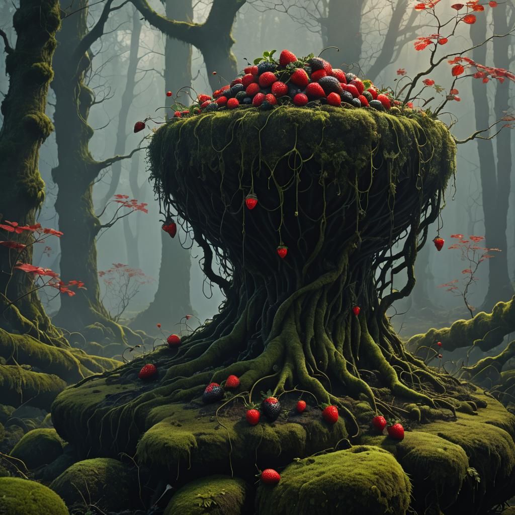 Majestic Black Strawberry in Misty Forest