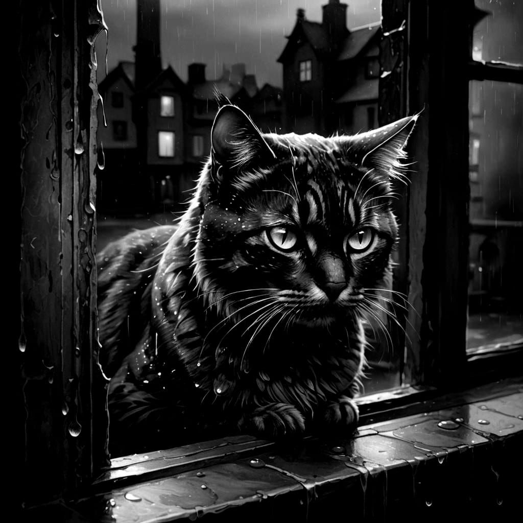 Sad Cat on Ledge in Sinister Fantasy Art