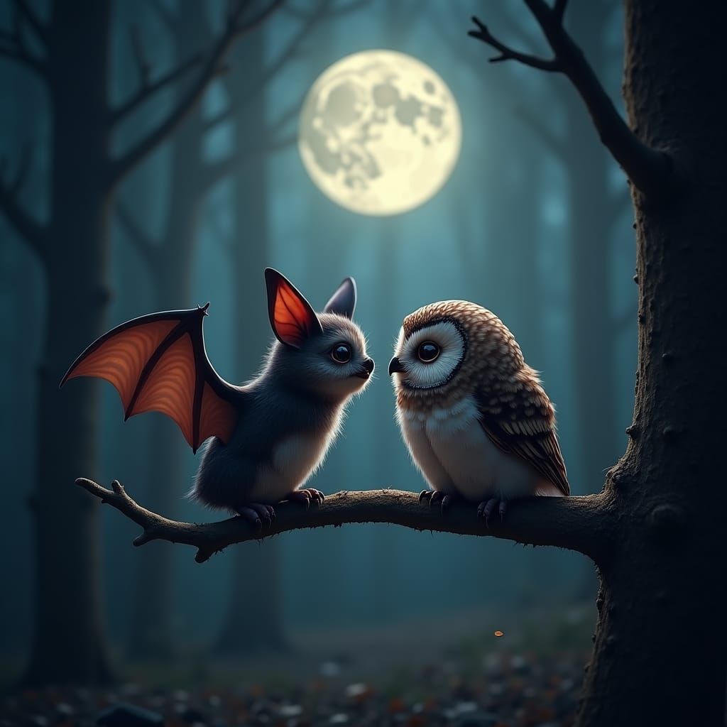 Bat and Owl Kiss Under the Moon