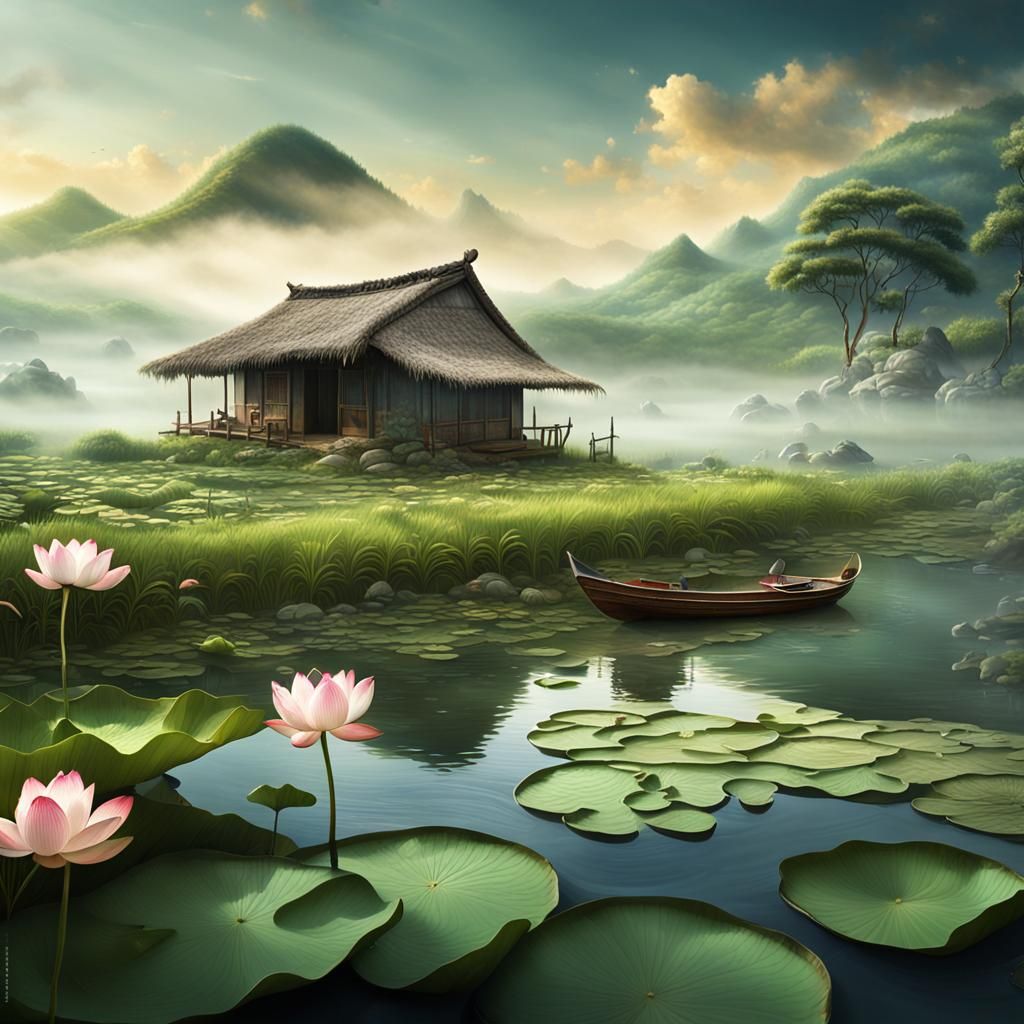Idyllic Natural Scenery with Lotus and Hut