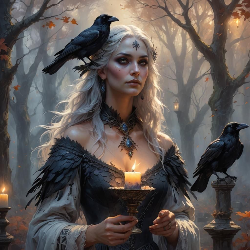 Ethereal Raven-Woman Portrait in Autumn Art Style