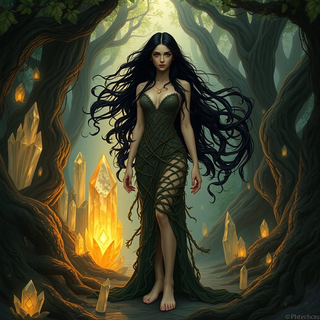 Mysterious Sorceress in Grotto, Art Nouveau Style