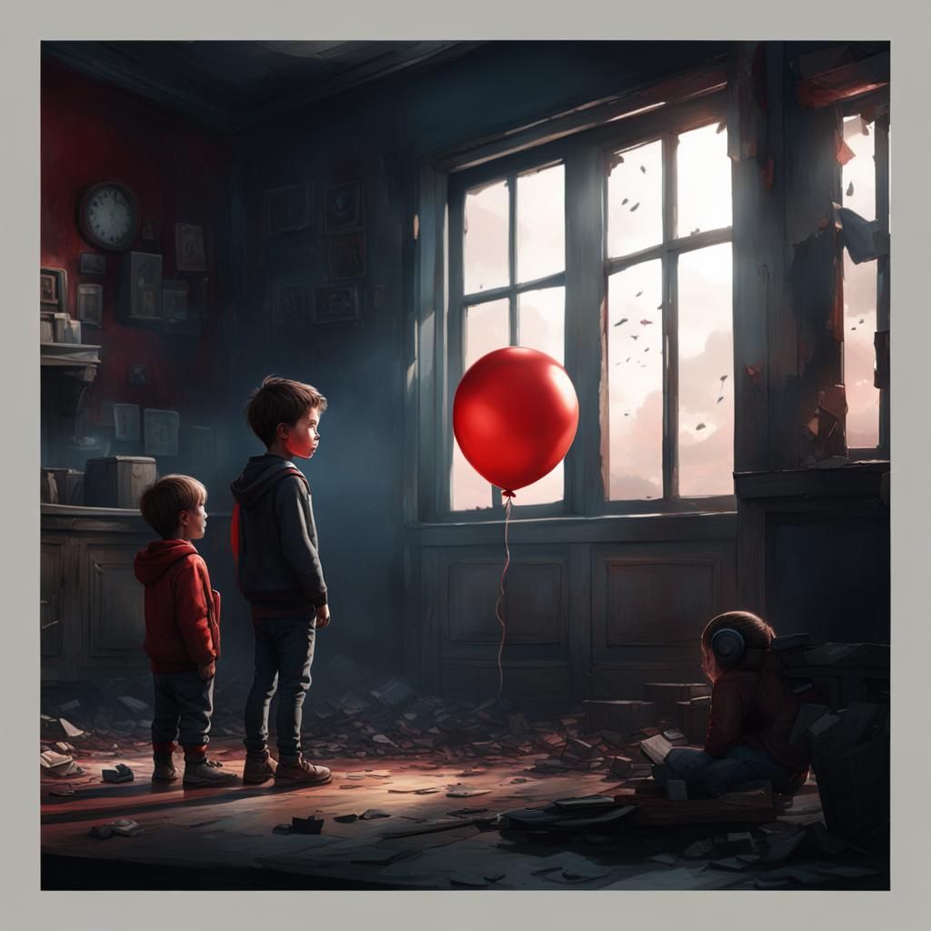 Sad Child with Balloon in Dark Home