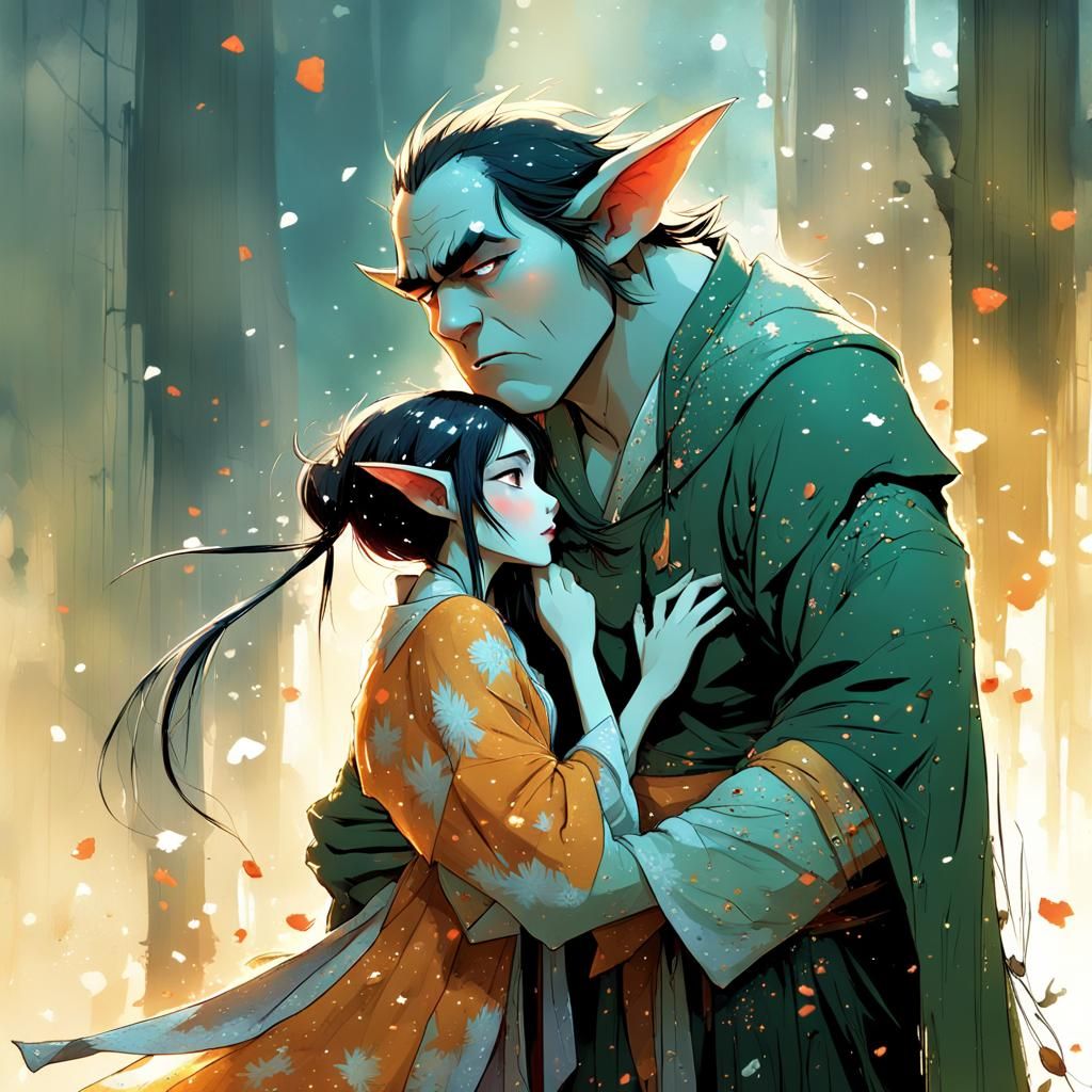 Elf Sorceress and Ogre Husband: Anime-Style Illustration