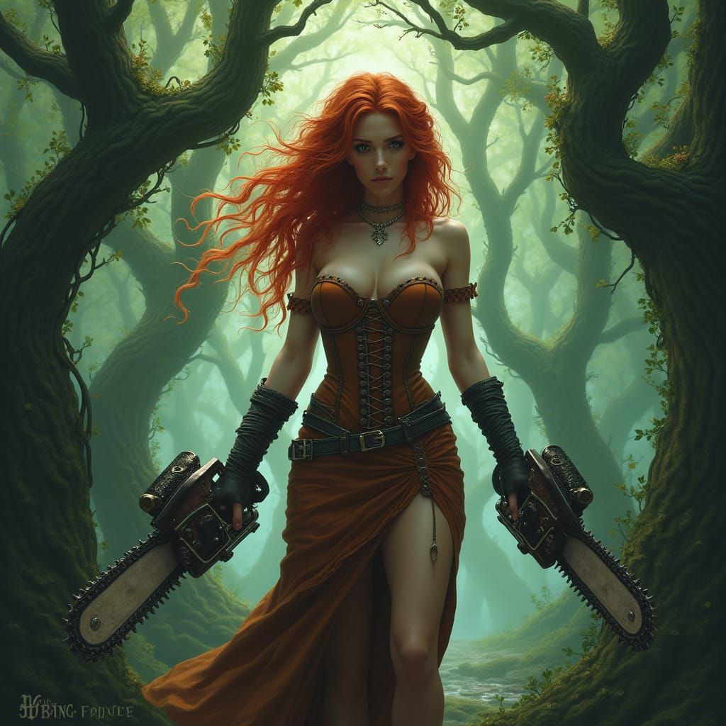 Mystical Chainsaw Maiden in Whimsical Forest Labyrinth