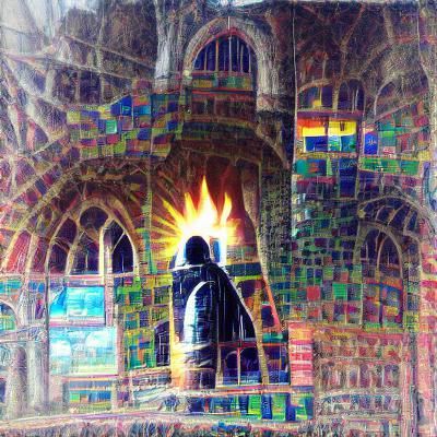 Cloaked Figure Brewing Potion in Gothic Ruins