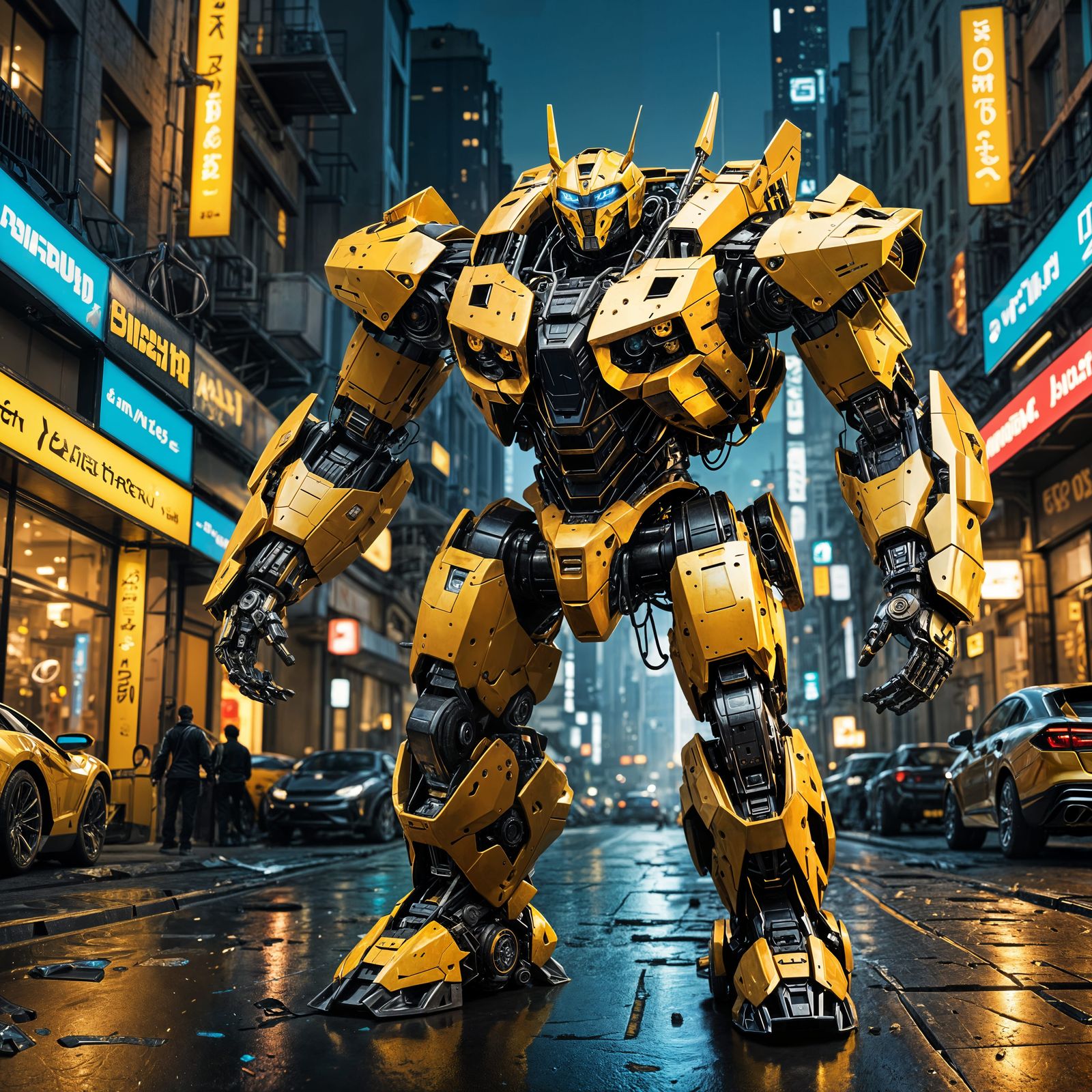 Yellow Lamborghini Transformer Robot in Cyberpunk City