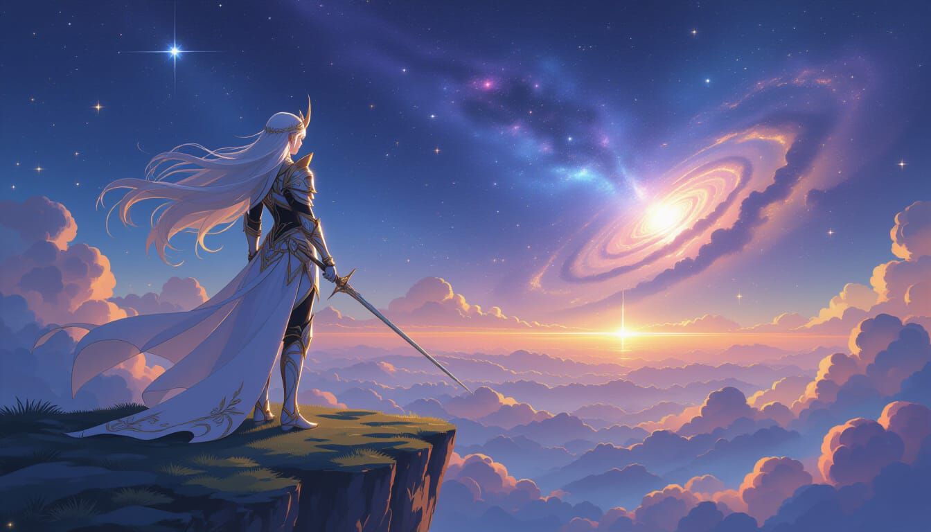 Elven Warrior on Floating Island in Anime Style