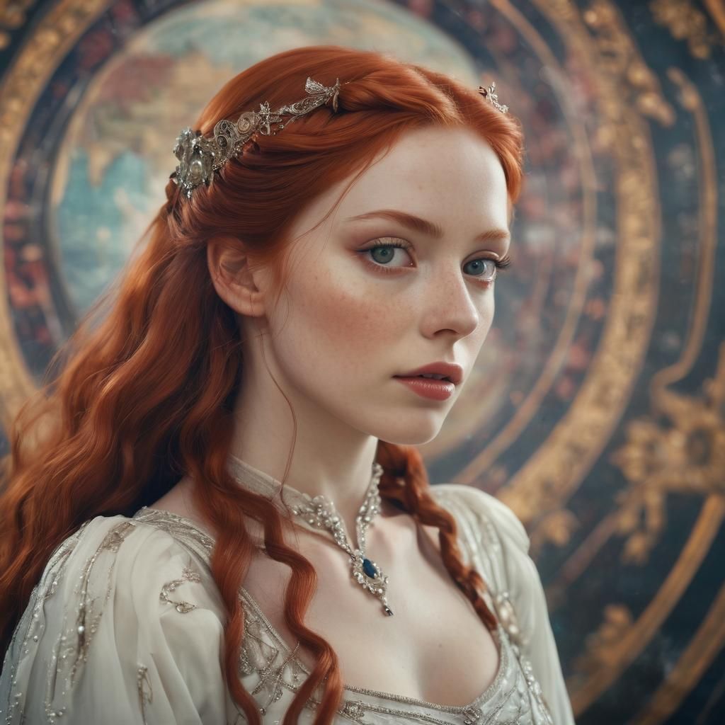 Regal Woman with Red Hair in Sci-Fi Setting