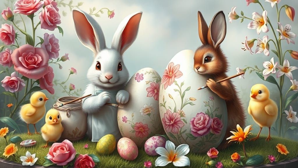 Rabbits Painting Easter Eggs in Fantasy Landscape