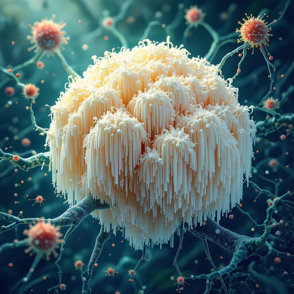 Lion's Mane Mushroom with Neurons and Microbiota
