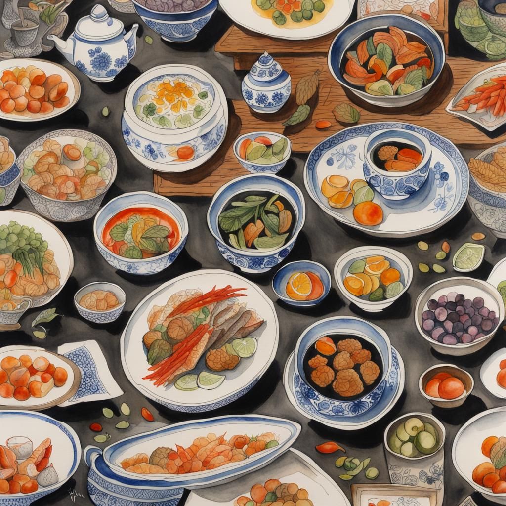 Ink Dessert Still Life in Watercolor Style