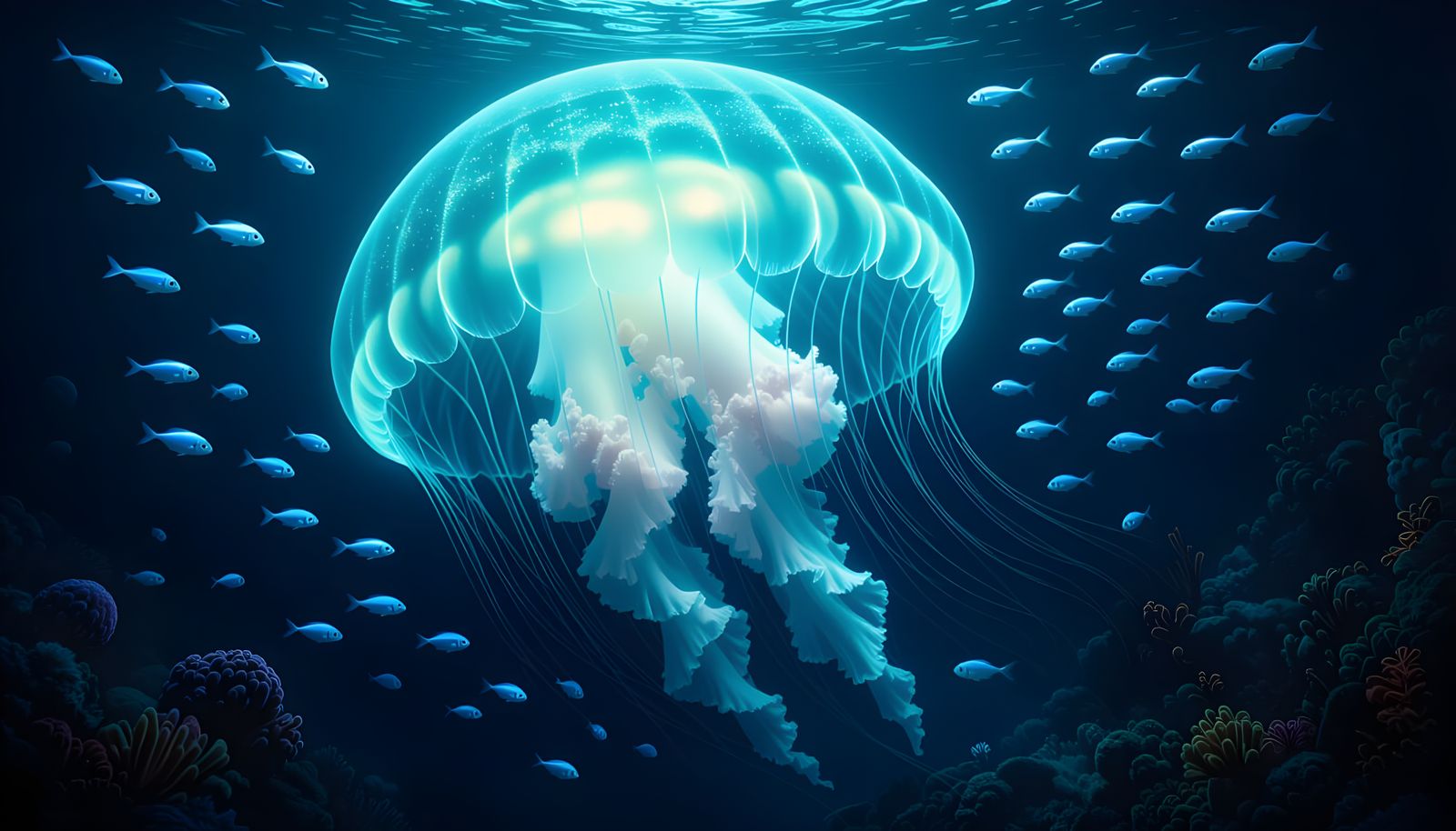 Bioluminescent Jellyfish Drifting in Deep-Sea Trench