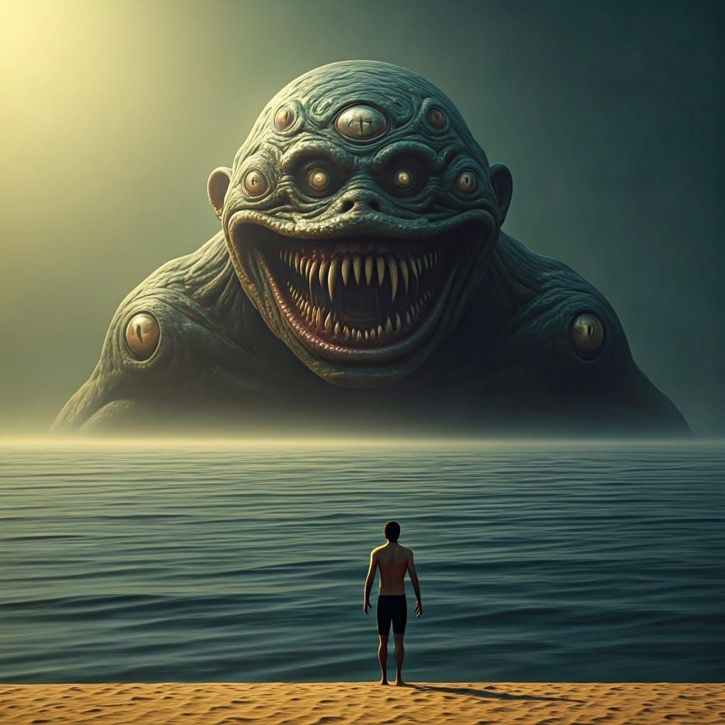 Underwater Cosmic Horror Emergence on Desolate Shore