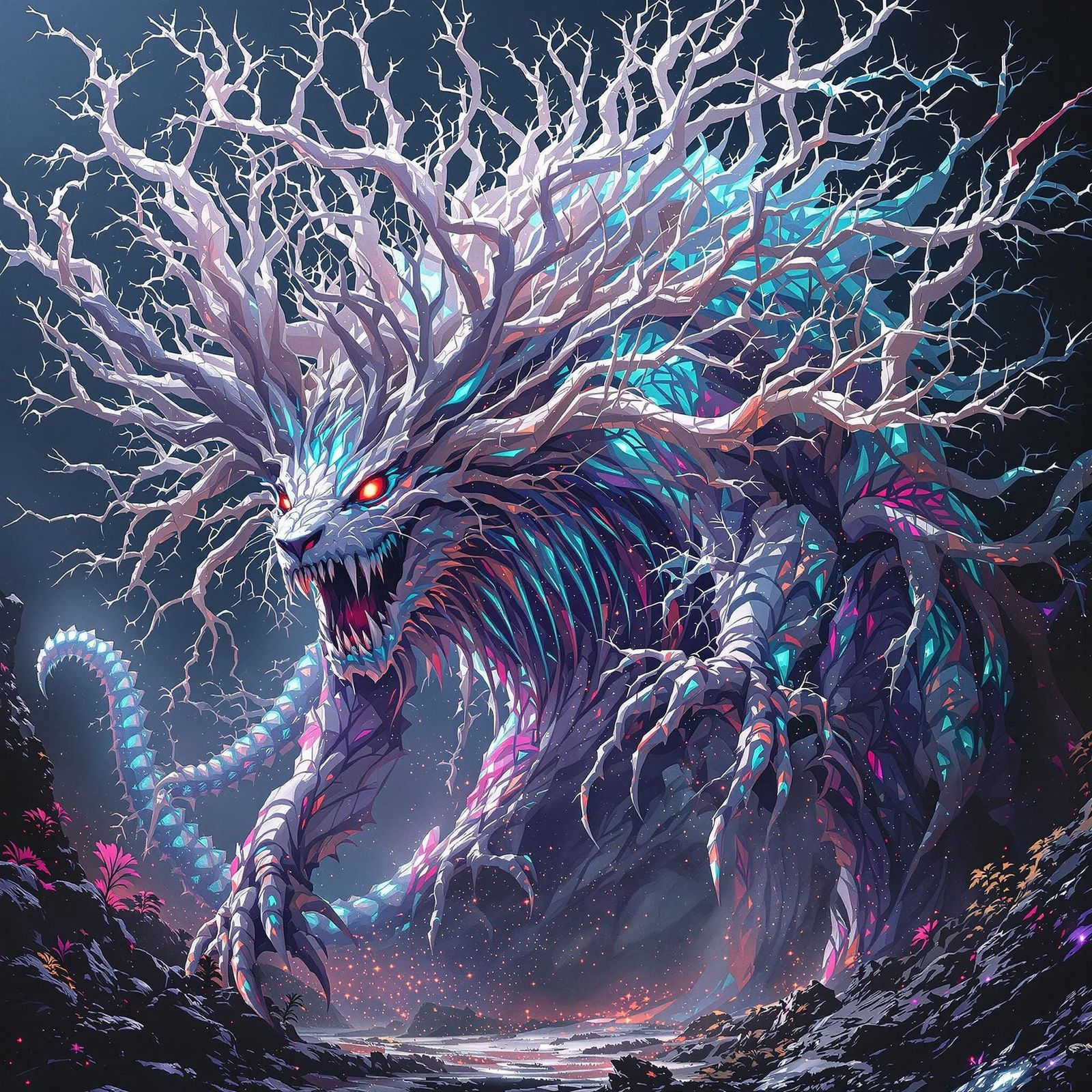 Gigantic, Prehistoric Tiger-Cat Monster in Triadic Color Sch...