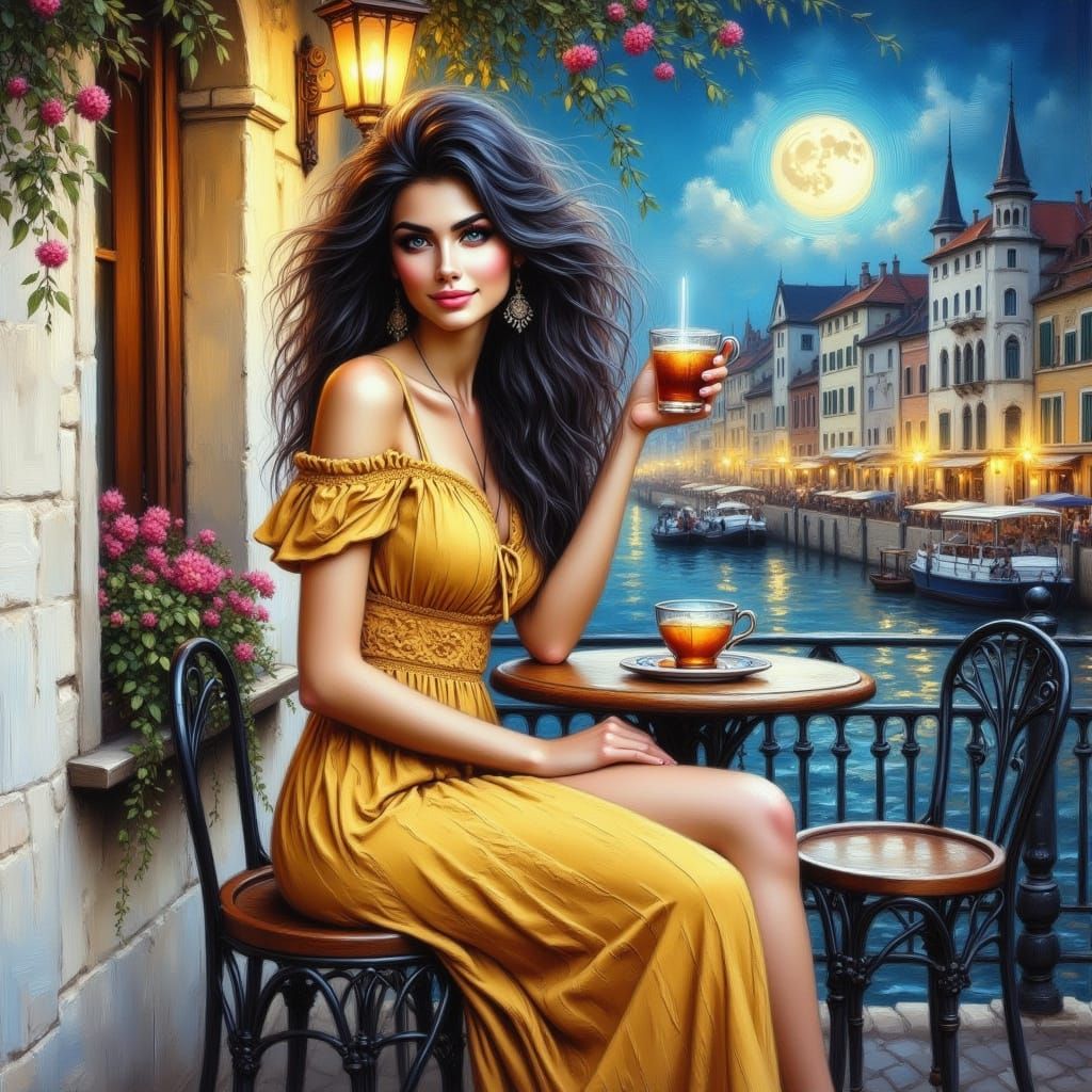 Dreamy Cafe Scene with Beautiful Woman
