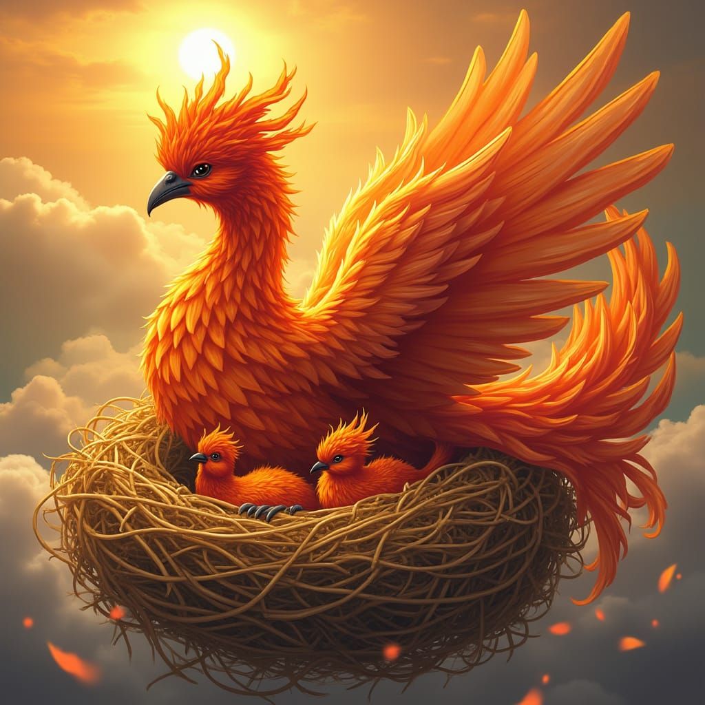 Fiery Phoenix Protecting its Young: Dreamy Art