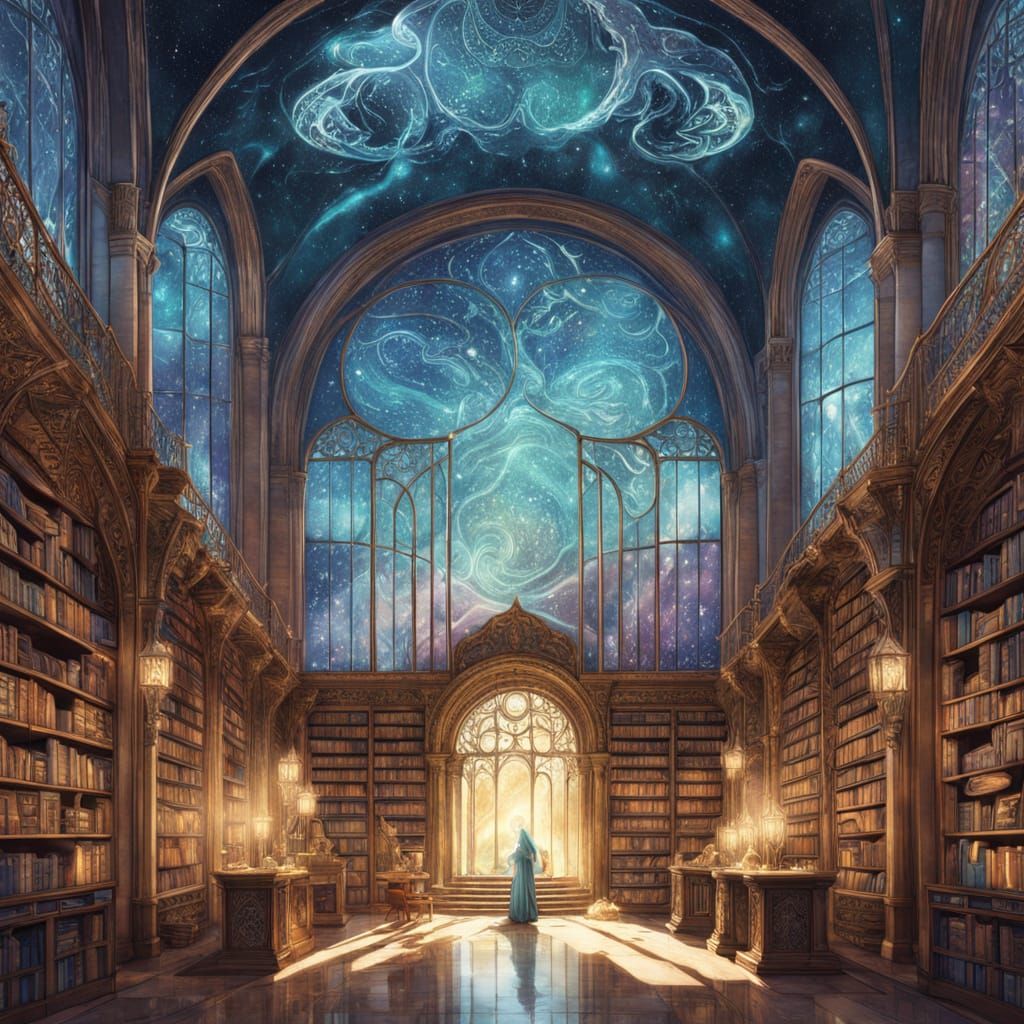 Cosmic Librarian Organizes Celestial Scrolls in Ethereal Art...