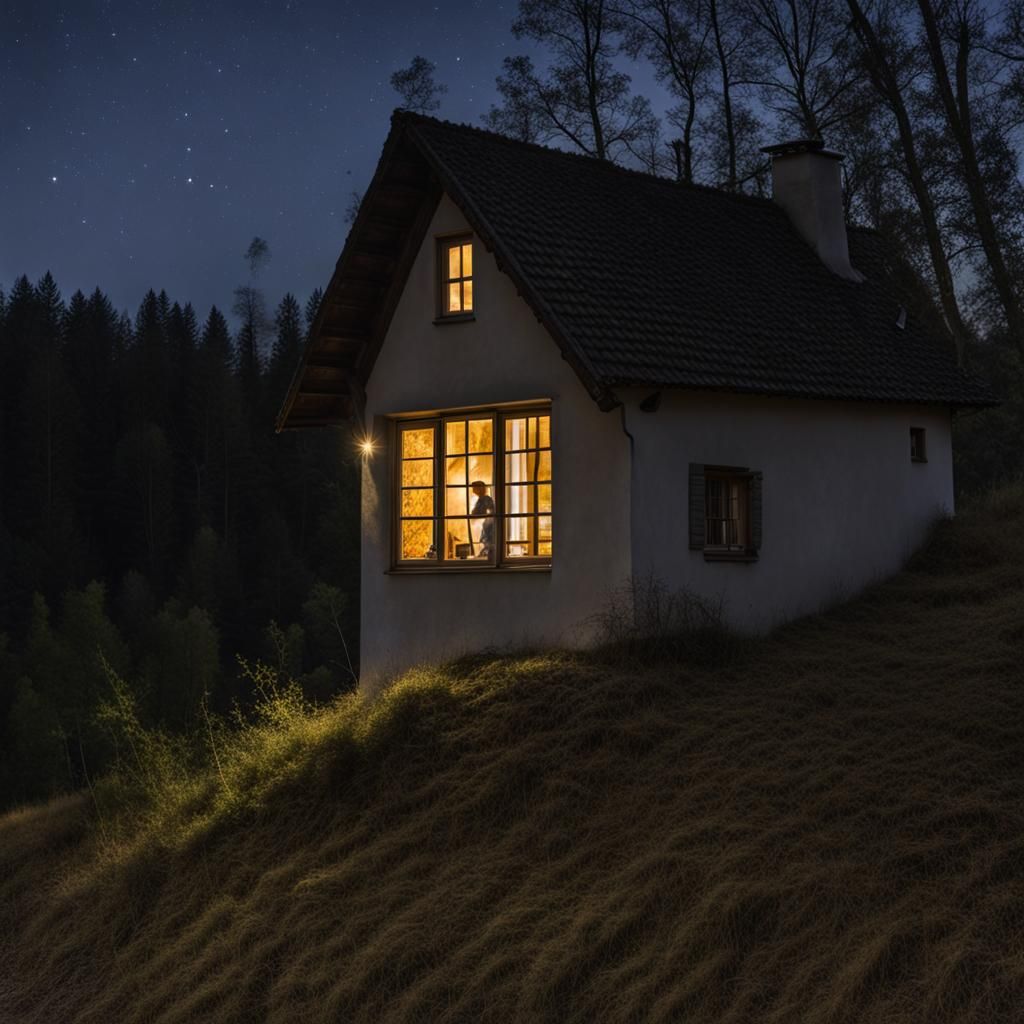 House in Forest Clearing Under Starry Night