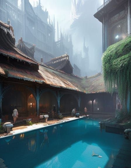Dark Abandoned Pool Party as Digital Painting
