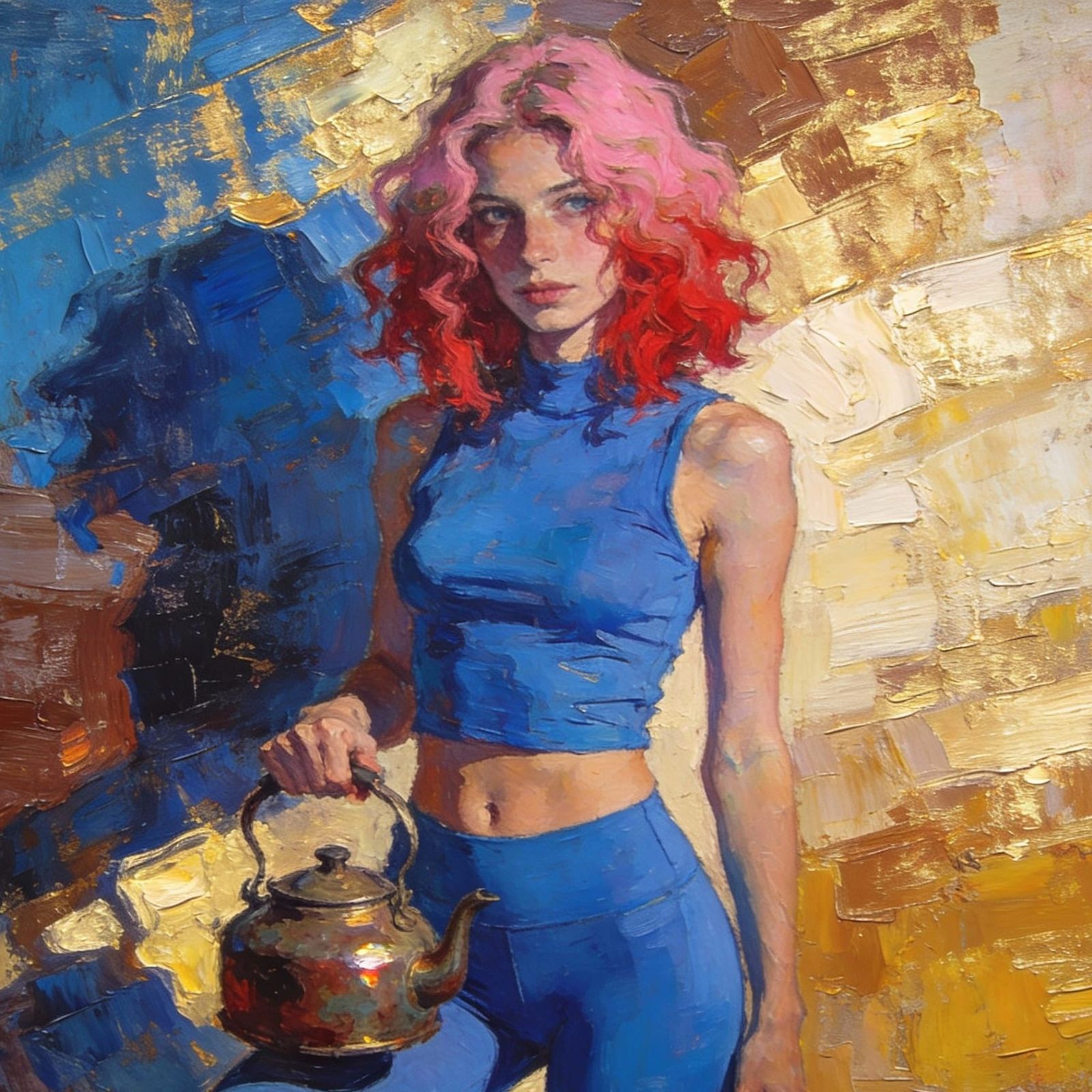Impressionist Portrait of Woman with Pink Hair Holding Kettl...