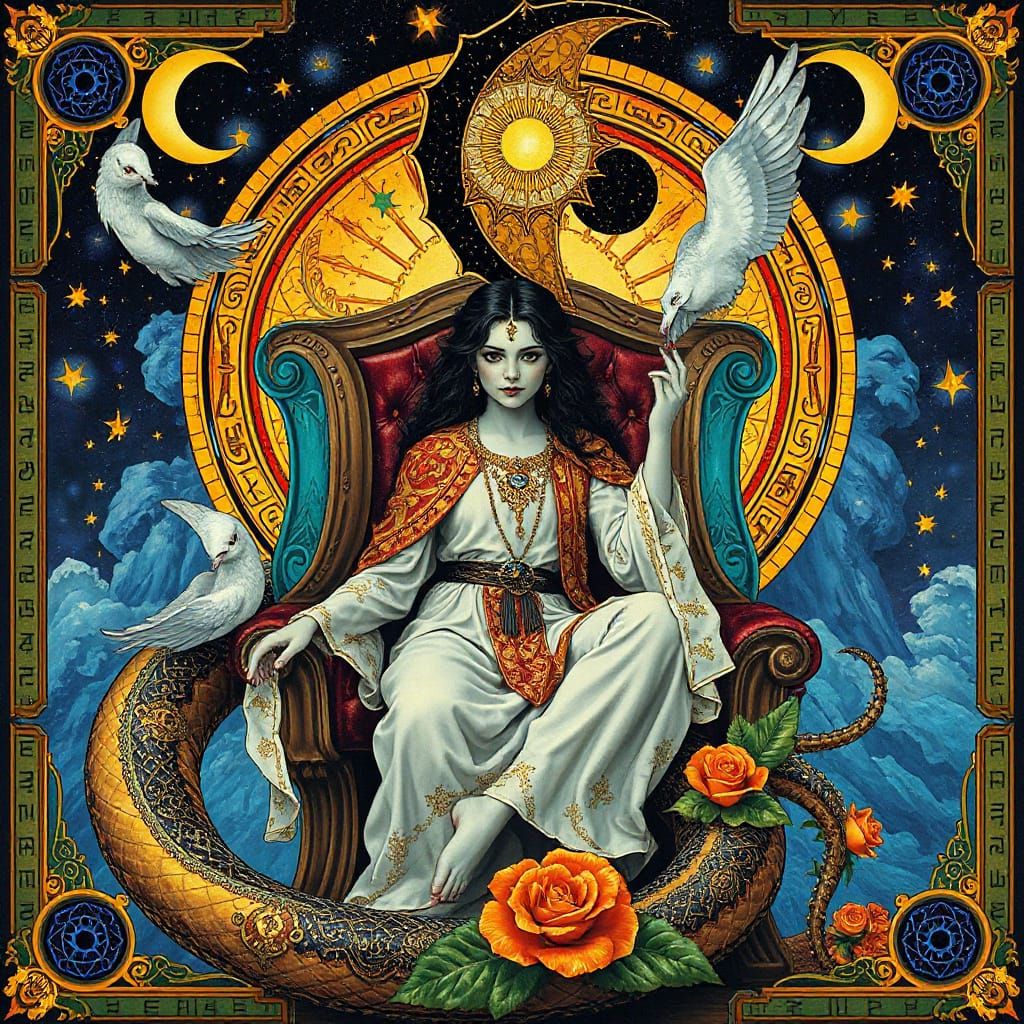Mystical Androgynous Figure with Astral Symbols in Art Nouve...