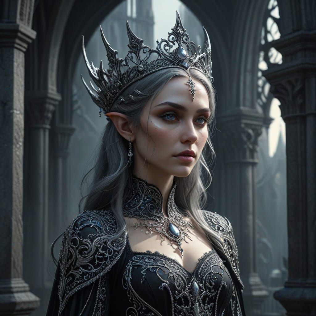 Majestic Elf Queen in Dark Fantasy Gothic Style