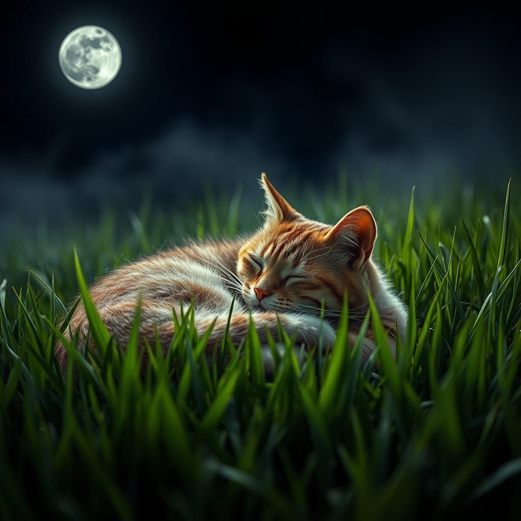 Ethereal Cat in Moonlit Meadow
