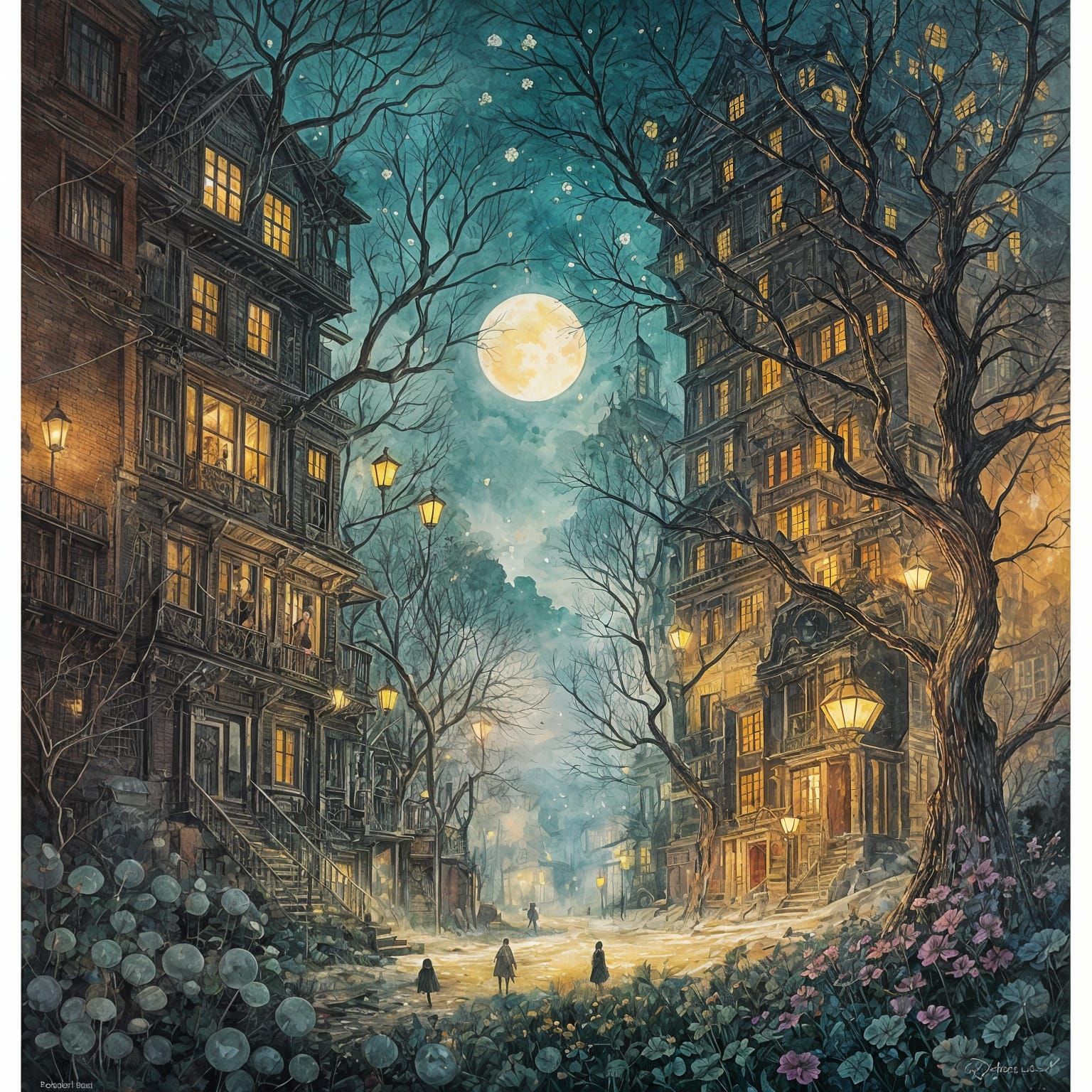 Mystical Double Exposure Street Art in Gouache Style