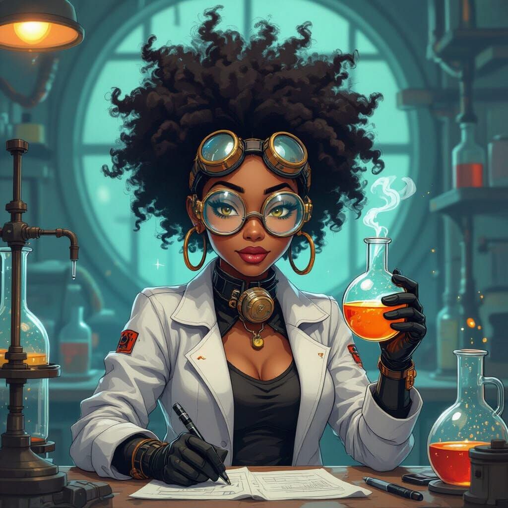 Steampunk Scientist in Syd Mead-Inspired Laboratory