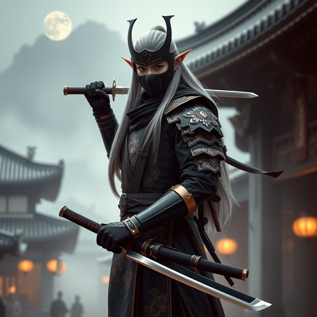 Elegant Fantasy Warrior in Dark Armor, Anime Style, Asian Se...