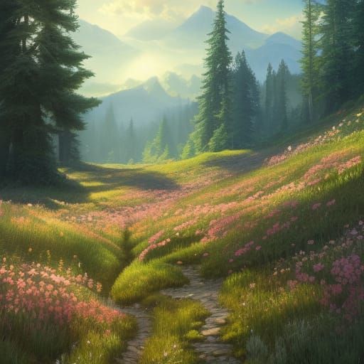 Lush Mountain Meadow in Sunlight: Oil Painting