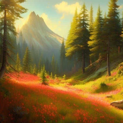 Lush Mountain Meadow in Sunlight: Oil Painting
