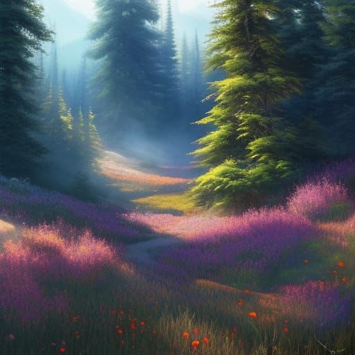 Lush Mountain Meadow in Oil Painting Style