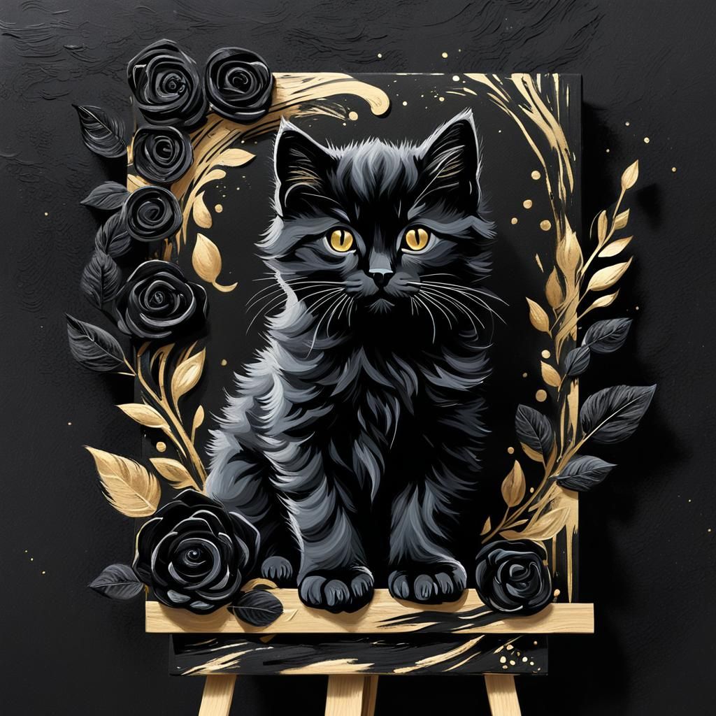 Black Kitten Merging into Grunge Painting with Roses