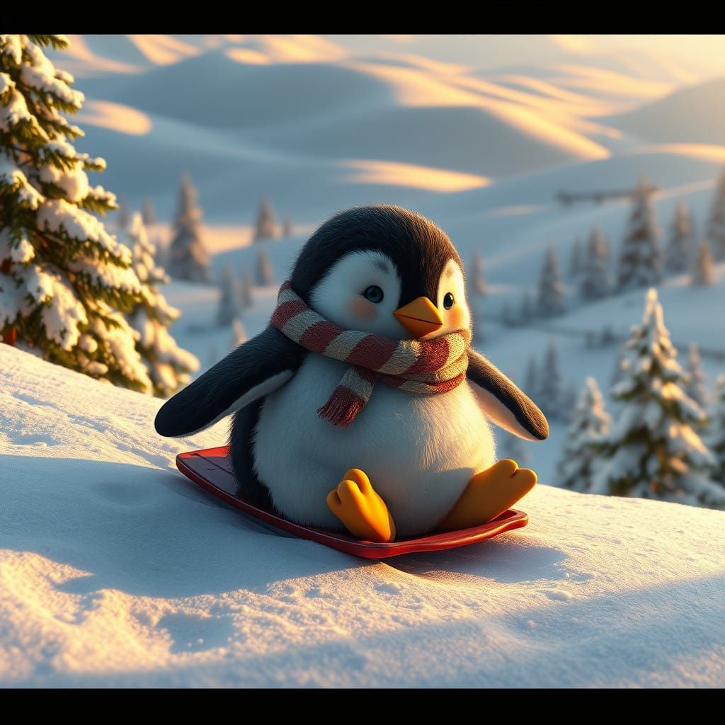 Chubby Penguin Slides Down Snowy Hill in Winter Wonderland,...