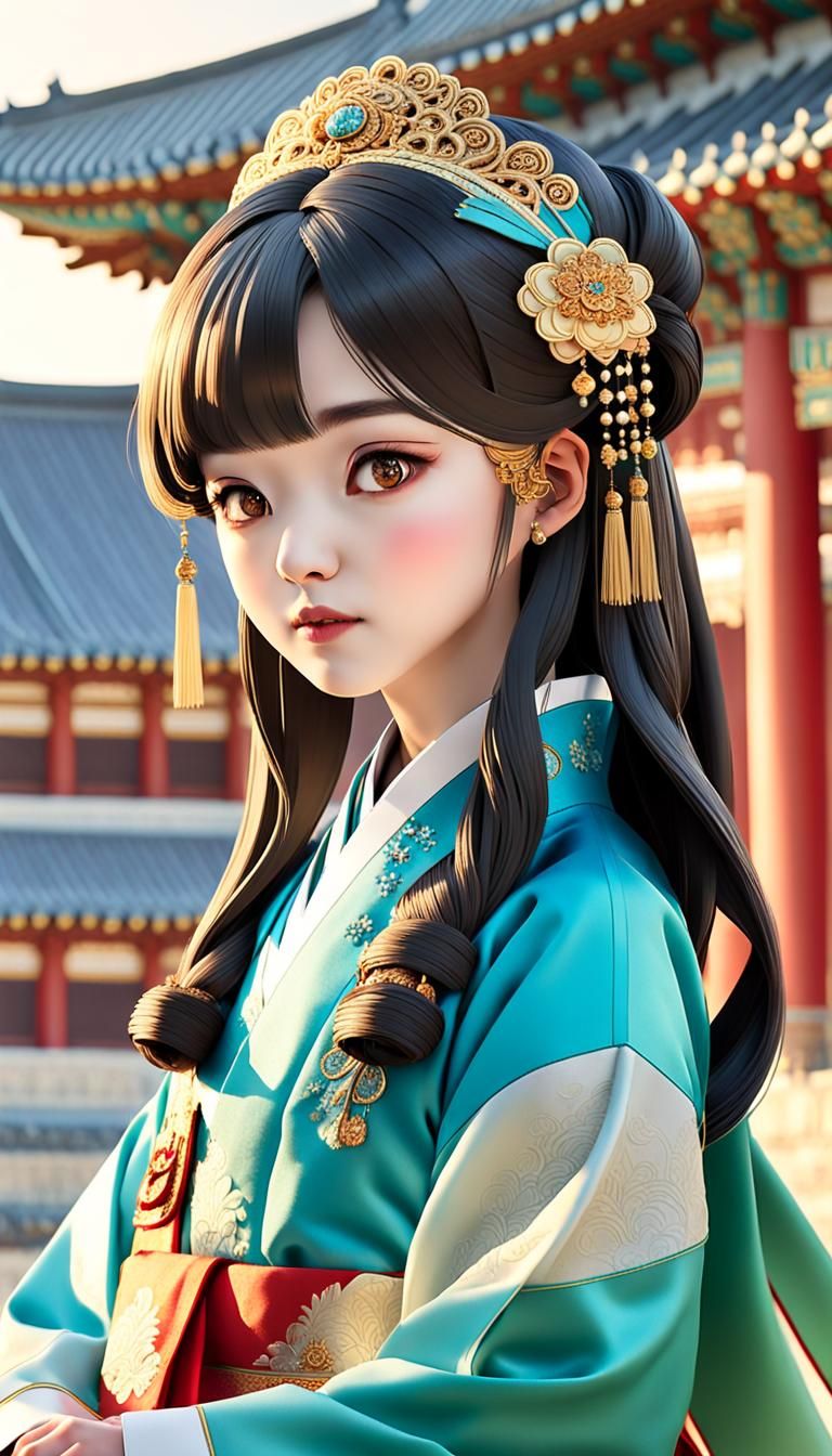 Anime Portrait of South Korean Queen in Opulent Hanbok