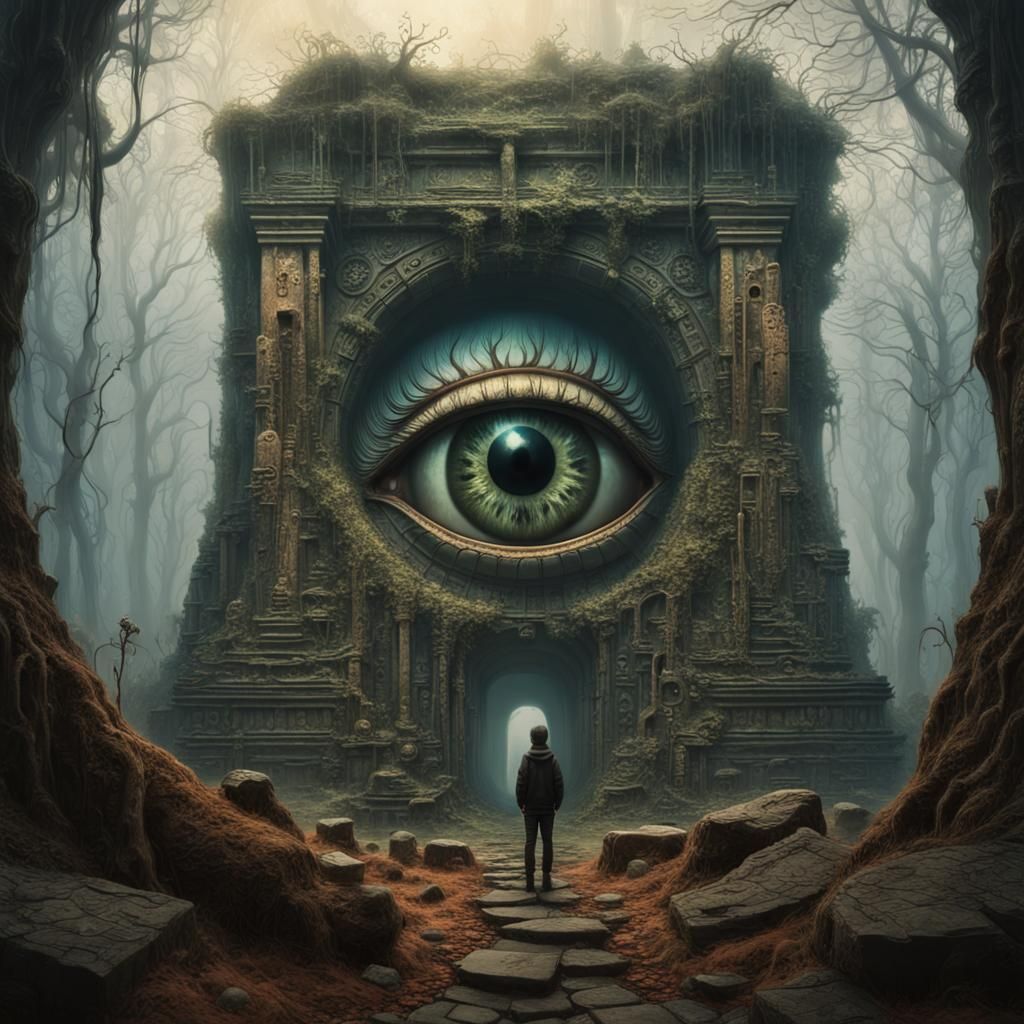Mysterious Eye Amidst Forest Ruins