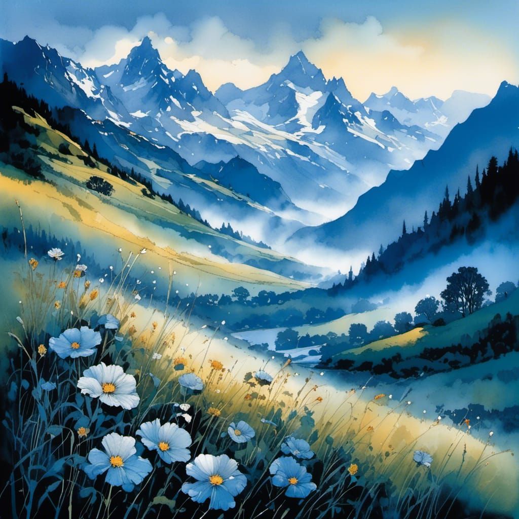 Mountain Meadow at Blue Hour, Intricate Digital Art