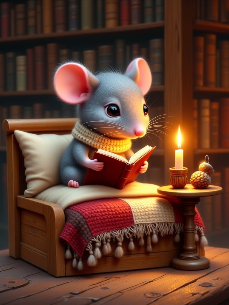 A whimsical hyper-detailed digital painting of a tiny gray mouse with pink ears, pink nose, large glossy black eyes, and...