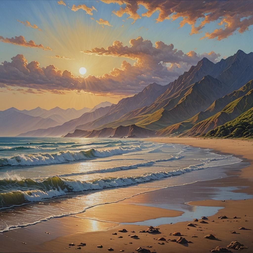 Cofete Sunrise: Epic Oil Painting of Beach and Mountains